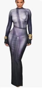Y2K 3D Body Print Maxi Dress Bodycon Sexy Slinky Stretchy LG Club Evening Wear - Picture 1 of 7