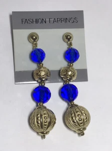 Vintage Costume Earrings NOS Fashion Faceted Blue Bead Gold Tone Texture Shiny - Picture 1 of 3