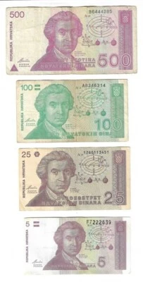 Croatian banknotes 1991 - 500 Dinara + 100 Dinara + 25 Dinara + 5 Dinara ! - Image 1 of 2