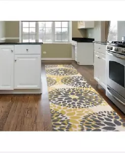 Modern Circles Cream Floral Area Rug Transitional Casual Style 2' x 7'2" Yellow - Picture 1 of 12