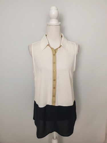 OFF WHITE Top Christopher & Banks bianco sporco nero marrone con orlo finto a strati nuovo con etichetta donna piccolo.