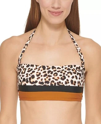 Nuevo Top de Natación Dkny Para Mujer Marrón Estampado de Leopardo Elastizado Bandeau Bikini Talla XL Foto 1 de 4