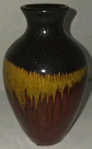 Vintage Hand-Decorated Crackle Glaze Pottery Vase 6" Tall Red & Gold Drip - Picture 1 of 9