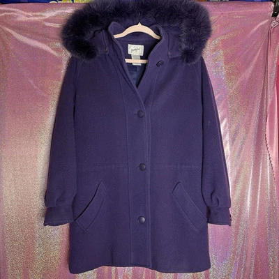 Jaqueline Ferrar Vintage Violet Real Fox Fur Trim Wool Button Jacket Winter Coat - Image 1 of 4