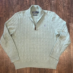Polo Ralph Lauren Cable Knit 1/4 Zip Sweater XL 100% Tussah Silk Sage Green Golf - Picture 1 of 4