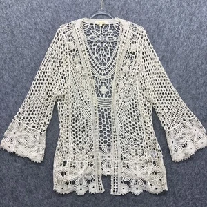 Rebellion Crochet Kimono Topper Womens Large Ivory Boho Romantic Coverup - Picture 1 of 10