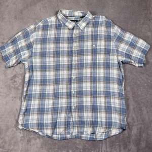 Orvis 100% Linen Shirt Men Large Short Sleeve Blue Plaid Camp Cruise Vacation L - Picture 1 of 9