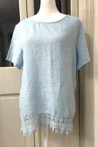 Terzo Millennio Italy Leinen Tunika Top kleiner Häkelsaum Shirt Bluse - Bild 1 von 8