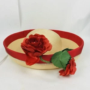 Jack Mcconnell New York Ladies Tan Straw Hat W/ Red Flower - Picture 1 of 9