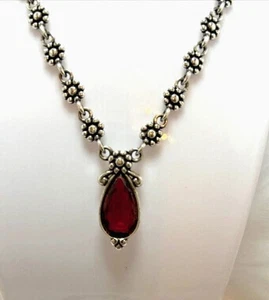 Collar Flor Brighton Plateado Vidrio Rojo Lágrima Dije - Imagen 1 de 11