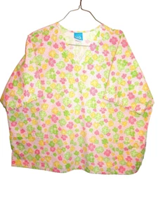 HQ Women's Size 4XL Floral Scrub Top Lab Hospital Pockets pink yellow green - Picture 1 of 5