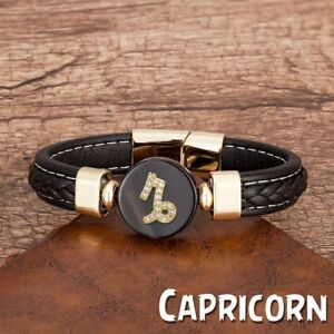 Men Zodiac Sign Bracelet Leather Horoscope Stone Bangle Gift Aries Leo Bracelets