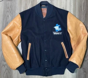 Vintage Golden Bear Varsity Bomber Jacket Wool Leather Microsoft Word 97 Size M - Picture 1 of 11