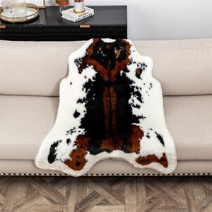 Faux Fur Cowhide Area Rug Hide Tricolor Cow Carpet Non-slip Decor Mats 3.6'X2.7'
