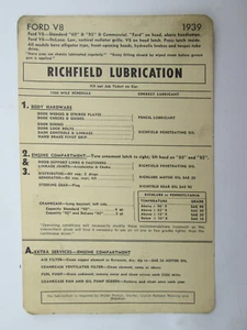 Richfield Lubrication Reference Card for Ford V8 Standard 60 85 DeLuxe 1939 - Picture 1 of 3