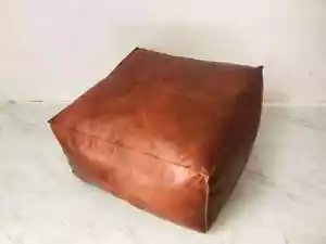 18X18 Boho Large Square Coffee Table Pouf in Distressed Brown Leather - Picture 1 of 7