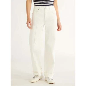 Free Assembly Wide Leg High Rise Pintuck Jeans Women's Size 8 Cream Cotton - Picture 1 of 6