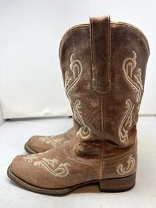 Corral Boots Tan Leather Inlay Embroidered Square Toe Boots Size 10 M - Picture 1 of 12