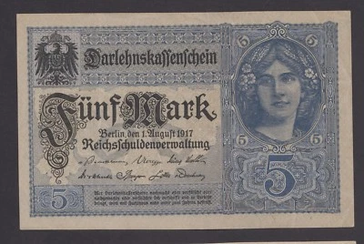 🔴GERMANY  5 Mark  1. 8. 1917   XF🔴 - Image 1 of 2