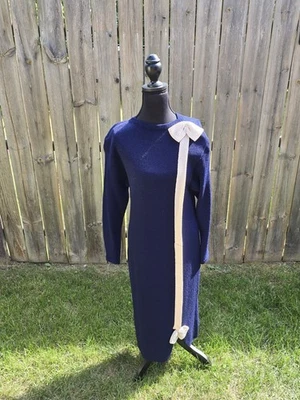 Vestido midi tejido azul marino Mike Korwin de colección años 80 manga larga crema llamativo lazo 6 Foto 1 de 4
