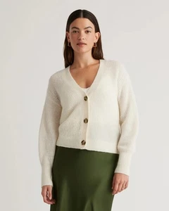 Quince Baby Alpaca-Wool Cropped Cardigan Medium Cream Ivory Ribbed Sweater - Picture 1 of 5