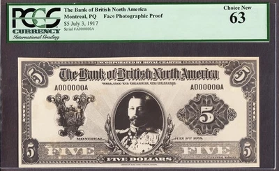 Canada Bank of British North America $5 Face PHOTOGRAPHIC PROOF 1917 UNC PCGS 63 - Image 1 of 2