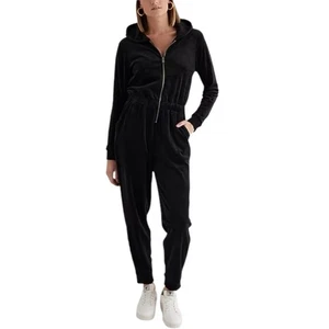 Mono Express Negro Terciopelo Cremallera Con Capucha Para Mujer’s L Elastizado Salón Una Pieza - Imagen 1 de 9