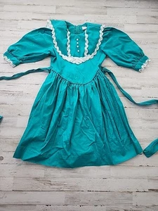 Vintage PEACHES N' CREAM Dress Girls Size 7 Lace Pearls Pleated Bow Green MODEST - Picture 1 of 13