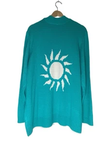 D&Co Women’s Open Front Sweater Cardigan Teal Sun Wave Graphic QVC XL - Picture 1 of 7