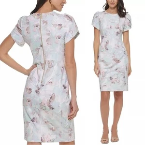 CALVIN KLEIN Tulip Sleeve Crepe Stretch Sheath Dress Watercolor Green Size 10 - Picture 1 of 7