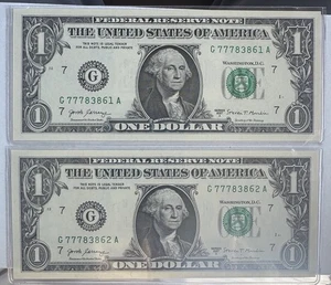 Uncirculated 2007  Two $1 Bills *** Lucky 777 ‘s*** Consecutive Serial Numbers - Picture 1 of 2