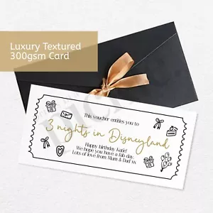 Luxury Personalised Gift Voucher Ticket with Black Bow Tied Ribbon Envelope - Picture 1 of 2