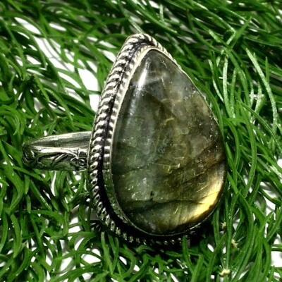 Joia anel feita à mão de prata esterlina 925 com pedra preciosa natural labradorita sólida - Imagem 1 de 4