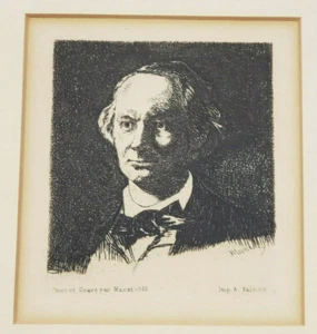 Edouard Manet Etching of Charles Baudelaire 1865 Matted Plate Signed NOS - Picture 1 of 8