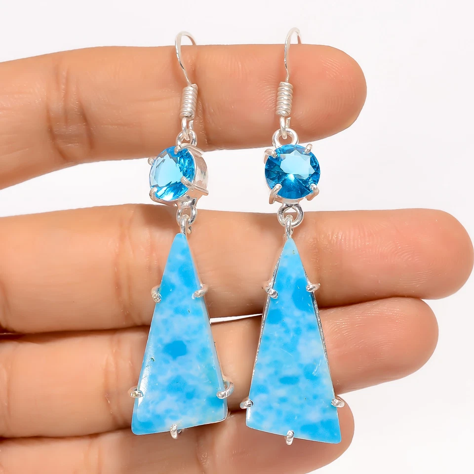 Pendientes colgantes hechos a mano de plata 925 con piedras preciosas de topacio azul Larimar 2,4" ARE-4064 Foto 1 de 1