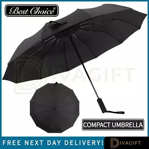 BLACK UMBRELLA 10 RIB STRONG WINDPROOF OPEN CLOSE FOLDING COMPACT TRAVEL NEW - Picture 1 of 9