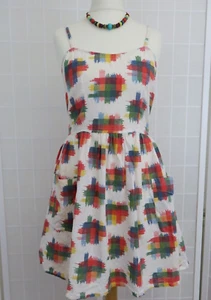 Topshop White Multicoloured Indian Cotton Linen Sundress Size 8 Pockets Mini - Picture 1 of 12