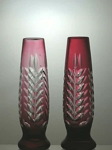 Cut Glass Ruby Red Crystal Set Of 2 Vases 7" - 25A - Picture 1 of 4