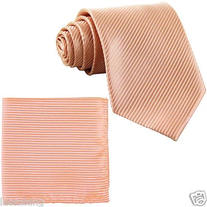 New Men's Formal stripes polyester Neck Ties & Hankie set peach wedding party - Picture 1 of 3