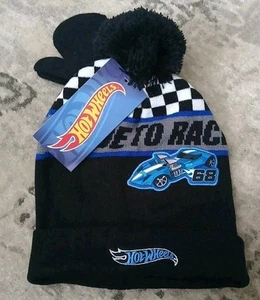 Hot Wheels Mattel Youth Boys Pom Knit Beanie & Mittens Set Black Blue And Grey - Picture 1 of 7