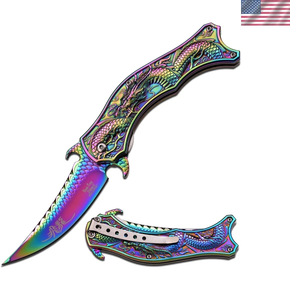 Dark Side Folding Knife Fantasy Rainbow Titanium Dragon 4.5" Clsd Pocket A019rb