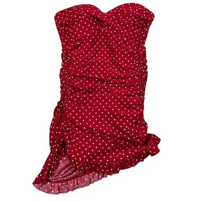 Mini Vestido de Natación Vintage Pin Up Rojo Blanco Lunares Sin Tirantes Volantes Acanalados 12 Foto 1 de 4