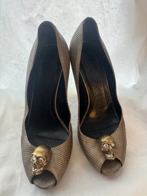 ALEXANDER MCQUEEN Women’s Size 36 Bronze Snakeskin Heels with Gold Skull - Image 1 of 4
