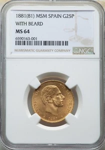 SPAIN , GOLD 25 PESETAS 1881 (81) MSM WITH BEARD - NGC MS 64 , RARE8 - Picture 1 of 2