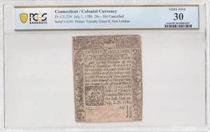 FR# CT-239, July 1, 1780 20 Shillings Connecticut Colonial Currency, PCGS VF 30 - Picture 1 of 2