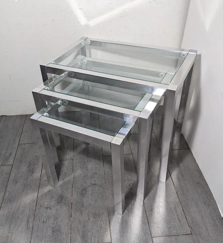 Vintage Set of 3 Mid Century Modern Aluminum Chrome Glass Top Nesting Tables Cover
