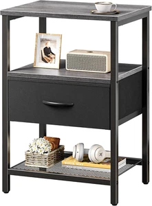 Mesita de Noche con Cajón de Tela, Mesa Auxiliar con Estante de Malla, Mesita de Noche Dormitorio, - Imagen 1 de 9