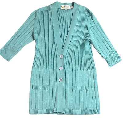 VTG Banff Ltd Gianni Ferri Turquoise Acrylic Linen Button Cardigan Sweater Sz 10 - Image 1 of 4