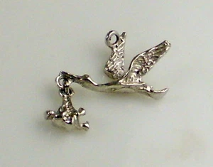 Vintage Sterling Silver Highly Detailed Two Piece Stork & Baby 3 D Charm Pendant - Picture 1 of 2