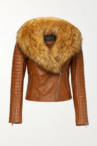 Women's Brown Leather Jacket with Faux Fur Collar - Picture 1 of 4